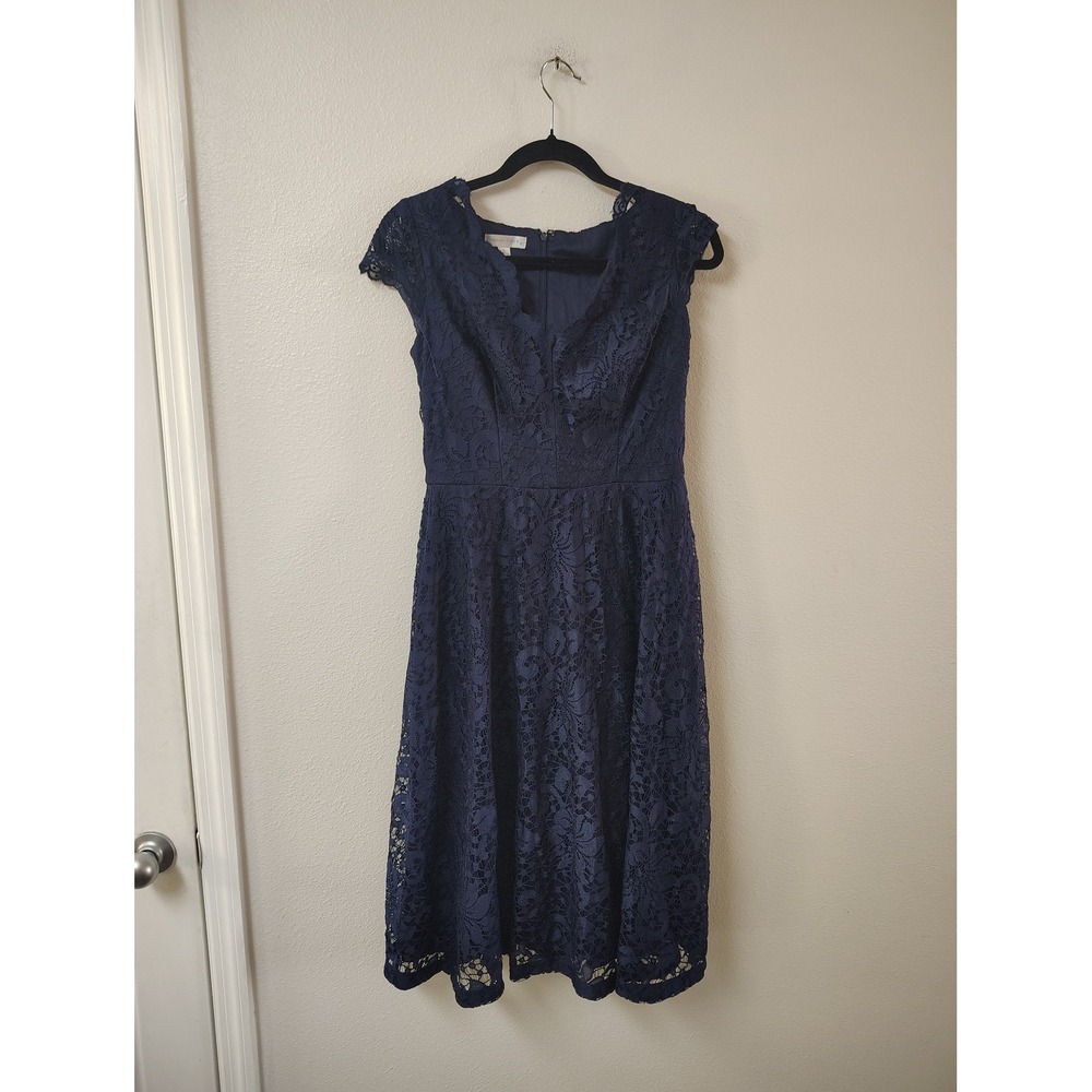 London Times Navy Blue Lace‎ Fit and Flare Cocktail Dress Womens Size 6 C